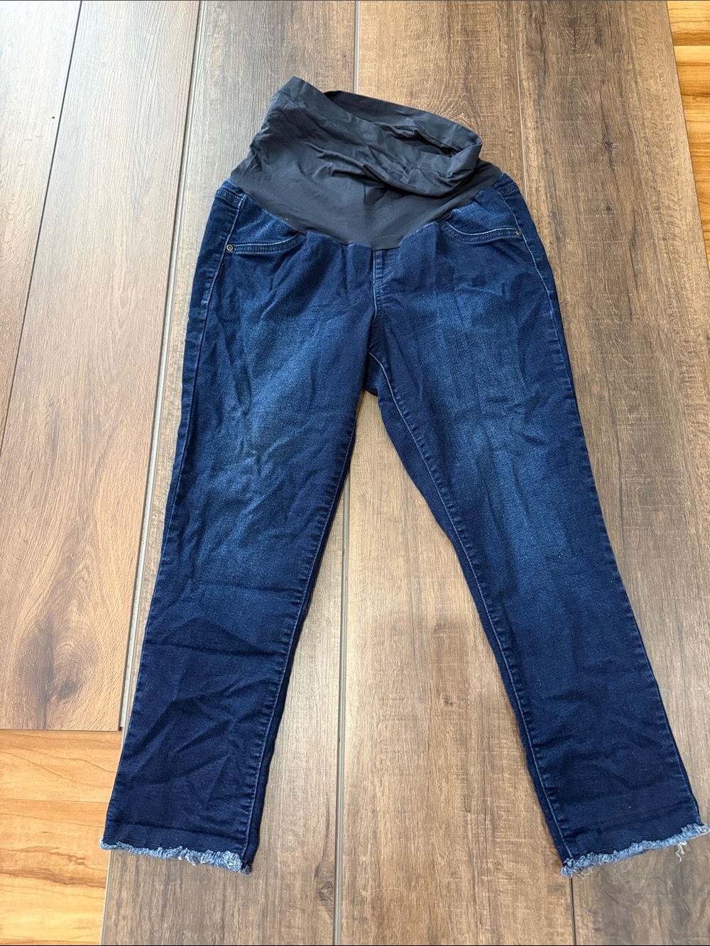 A. Glow Maternity Stretch Dark Blue Denim Jeans with Black Waistband, raw hem